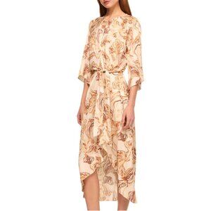 Misa Adina Dress in Golden Straw Satin Midi Tulip Hem 3/4 Sleeve S